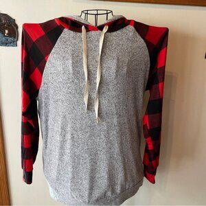 Lovely Souls Gray & Red Black Buffalo Plaid Soft Hoodie Women's Medium NWT